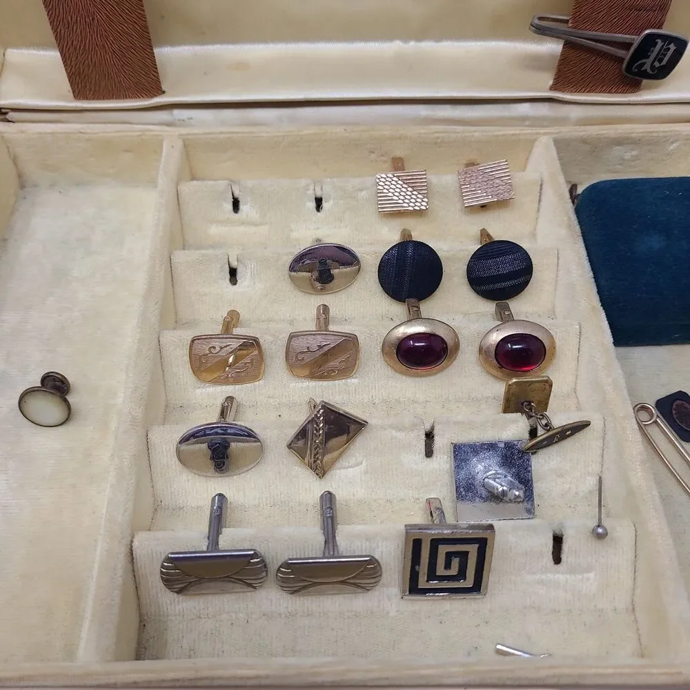 Vintage Mens Estate Jewelry Box Lot Cufflinks Tie Clips Bars Pins Accessory Vtg